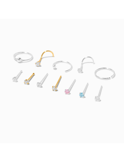 Anneaux et clous de nez variés 0,6 mm en zircon cubique couleur argentée - Lot de 12