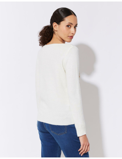 Pull épais contenant de la laine uni décoré ECRU Femme