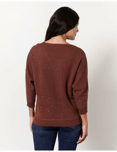 Pull épais en mélange coton uni décoré MARRON Femme