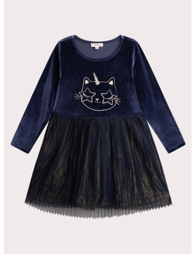 Robe bleue avec tulle animation chat glitter pour fille