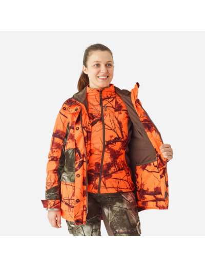 Veste chasse femme 3 en 1 chaude imperméable silencieuse camouflage fluo 500