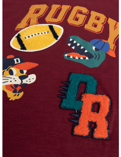 T-shirt bordeaux animation rugby pour garçon