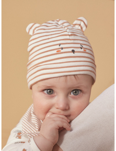 Bonnet ludique de naissance écru et noisette