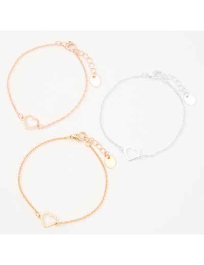 Bracelets de chaîne cœur ajouré en métaux mixtes - Lot de 3