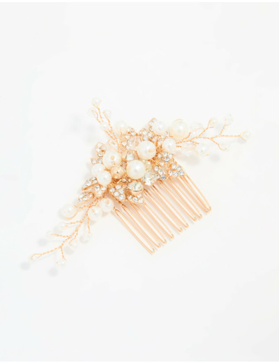 Rose Gold Diamante & Pearl Leaf Hair Comb