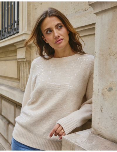 Pull épais contenant de la laine uni décoré BEIGE Femme