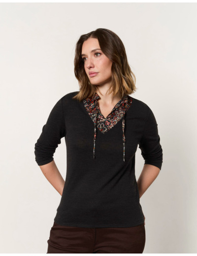 Pull fin bi-matière uni décoré NOIR Femme