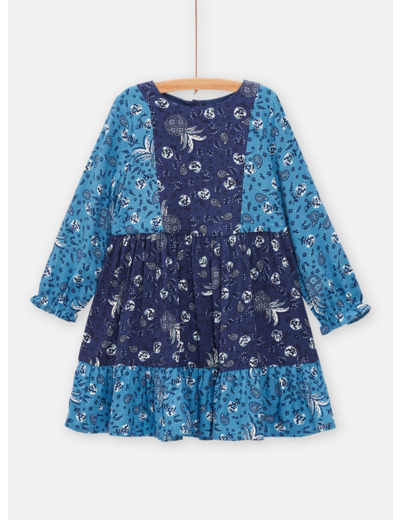 Robe bleue imprimée façon patchwork pour fille