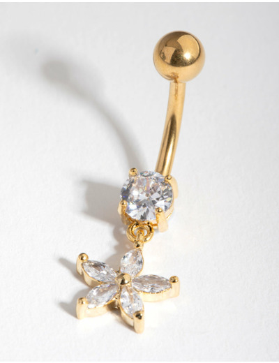 Gold Cubic Zirconia Flower Drop Belly Ring