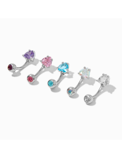 Barres de nombril 1,6 mm cœur pastel en zircon cubique et acier inoxydable - Lot de 5