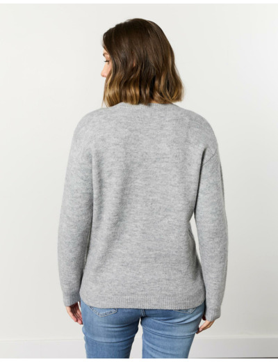 Pull épais uni décoré GRIS Femme