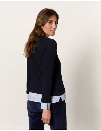 Pull fin bi-matière uni décoré MARINE Femme