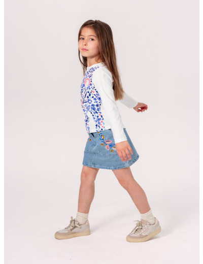 Jupe en denim bleu avec broderies fleuries pour fille