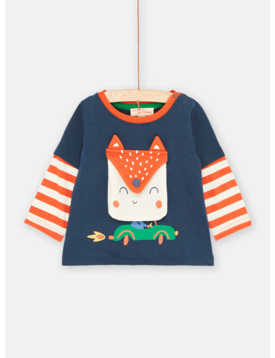 T-shirt bleu outremer à poche renard pour bébé garçon