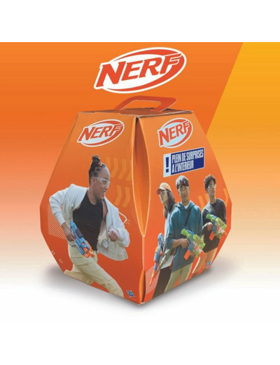 Boite Surprise Nerf avec un blaster, des fléchettes, stickers et poster