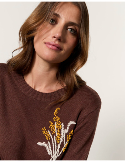 Pull épais contenant de la laine uni décoré MARRON Femme