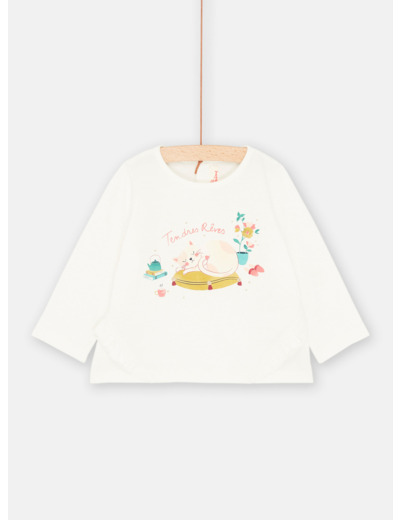 T-shirt écru à motif chat endormi pour bébé fille