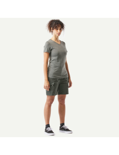 Short cargo en coton de trekking et voyage - TRAVEL100 - Vert Fonce - Femme