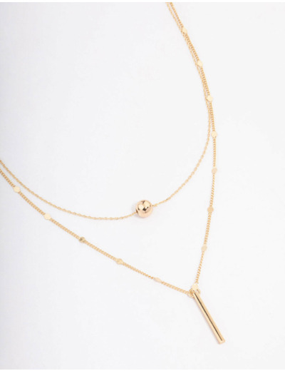 Gold Bar & Ball Double Chain Short Necklace