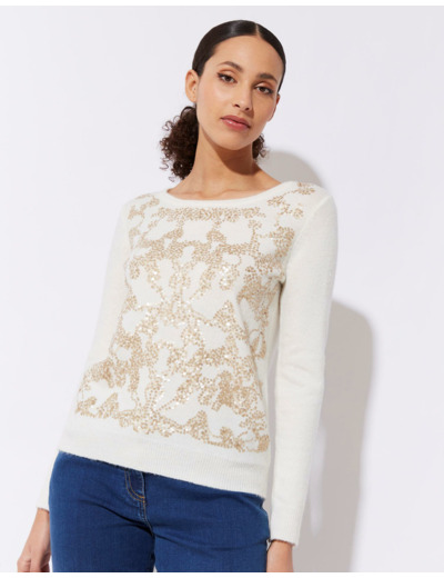 Pull épais contenant de la laine uni décoré ECRU Femme