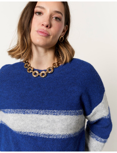 Pull épais contenant de la laine rayé BLEU Femme