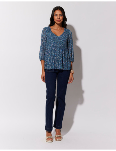 Blouse manches 3/4 imprimé à fleurs BLEU Femme