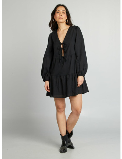 Robe à nouettes en popeline avec col en V - noir