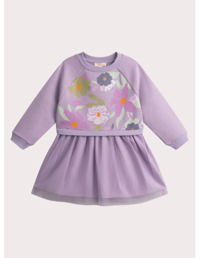 Robe sweat avec tulle animation fleur voilet pour fille