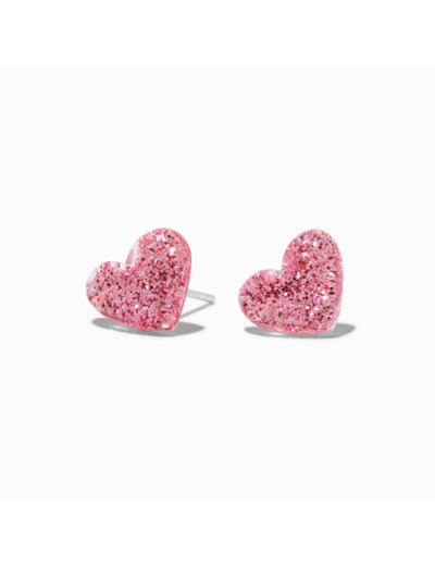 Clous d'oreilles cœur pailleté rose couleur argentée