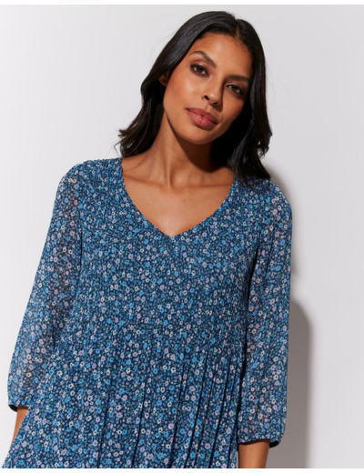 Blouse manches 3/4 imprimé à fleurs BLEU Femme