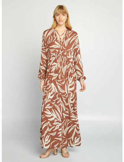 Robe longue à motif avec col tunisien - Marron