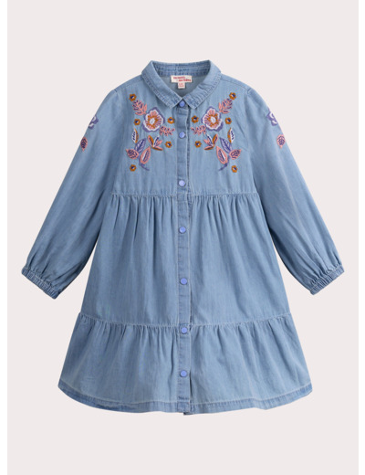 Robe effet denim avec broderies fleuries pour fille