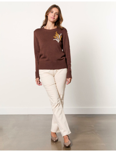 Pull épais contenant de la laine uni décoré MARRON Femme