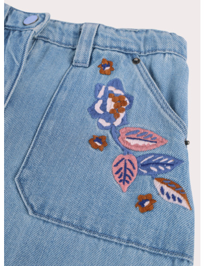 Jupe en denim bleu avec broderies fleuries pour fille