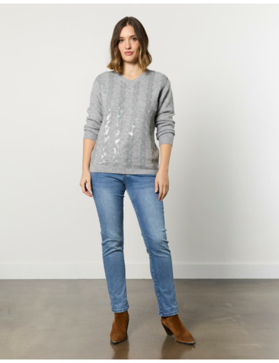 Pull épais uni décoré GRIS Femme