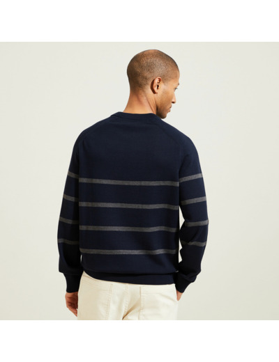 Pull col rond rayé - Bleu moyen