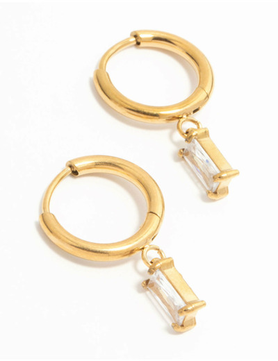 Waterproof Gold Plated Stainless Steel Baguette Diamante Huggie Earrings