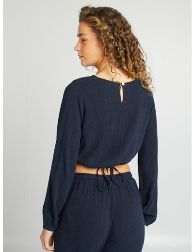 Blouse à manches longues et col rond avec imprimé - BLEU