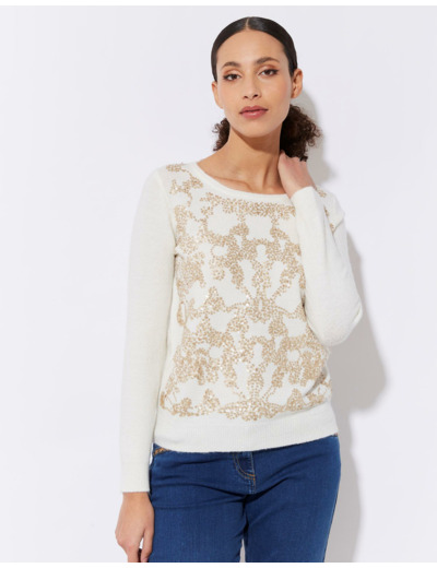 Pull épais contenant de la laine uni décoré ECRU Femme