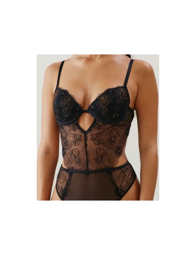 Body push-up en mesh brodé fleuri noir