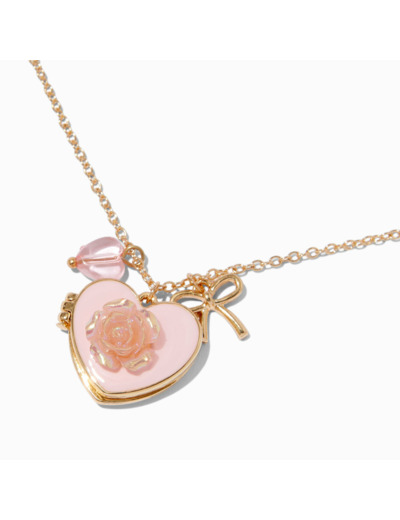 Collier à pendentif couleur dorée médaillon cœur rose rose