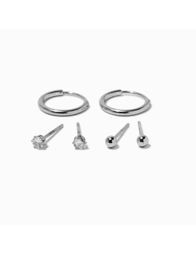 Boucles d'oreilles en zircon cubique en acier inoxydable couleur argentée - Lot de 3