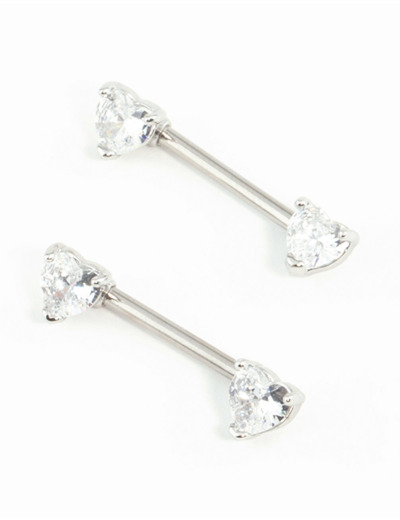 Surgical Steel Cubic Zirconia Heart Nipple Bar 2-Pack