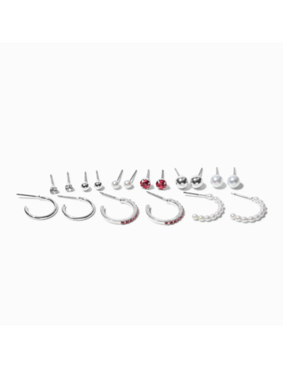 Lot de boucles d'oreilles empilables clous de strass et anneau rose et perle d'imitation - Lot de 9