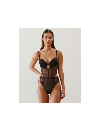 Body push-up en mesh brodé fleuri noir