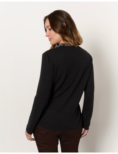 Pull fin bi-matière uni décoré NOIR Femme