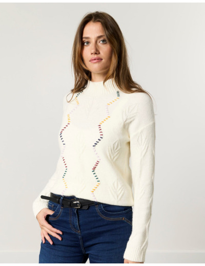 Pull épais uni décoré BLANC Femme