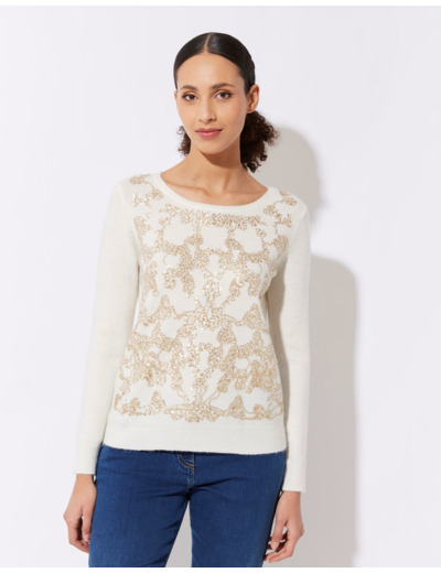 Pull épais contenant de la laine uni décoré ECRU Femme