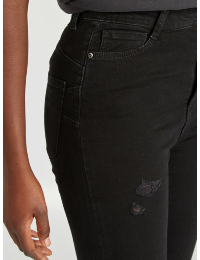 Jean slim taille haute avec abrasions fantaisies - Noir