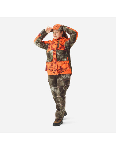 Veste chasse femme 3 en 1 chaude imperméable silencieuse camouflage fluo 500